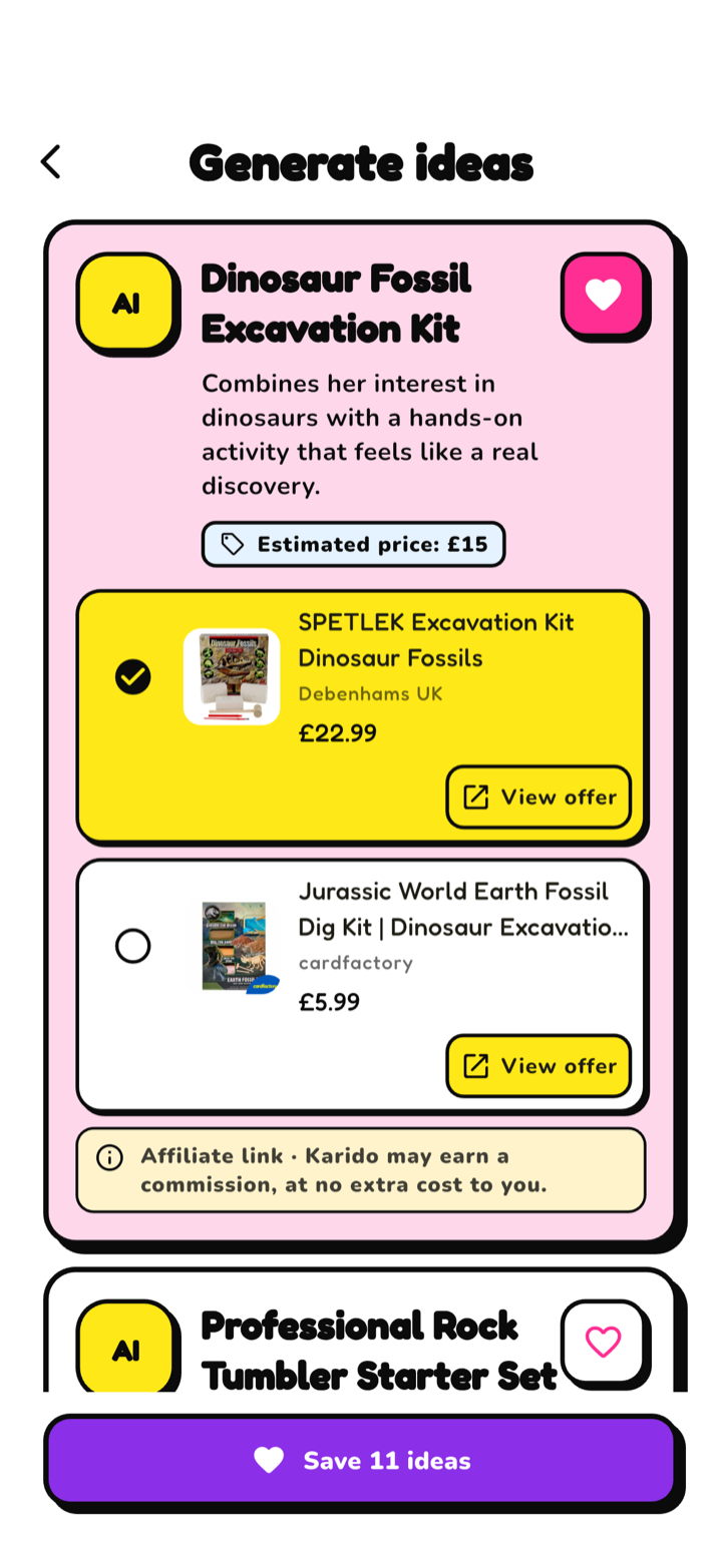 Karido gift generation screen with tailored ideas and real partner offers