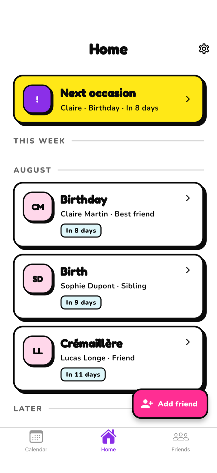 Karido home screen showing Claire's birthday and upcoming occasions