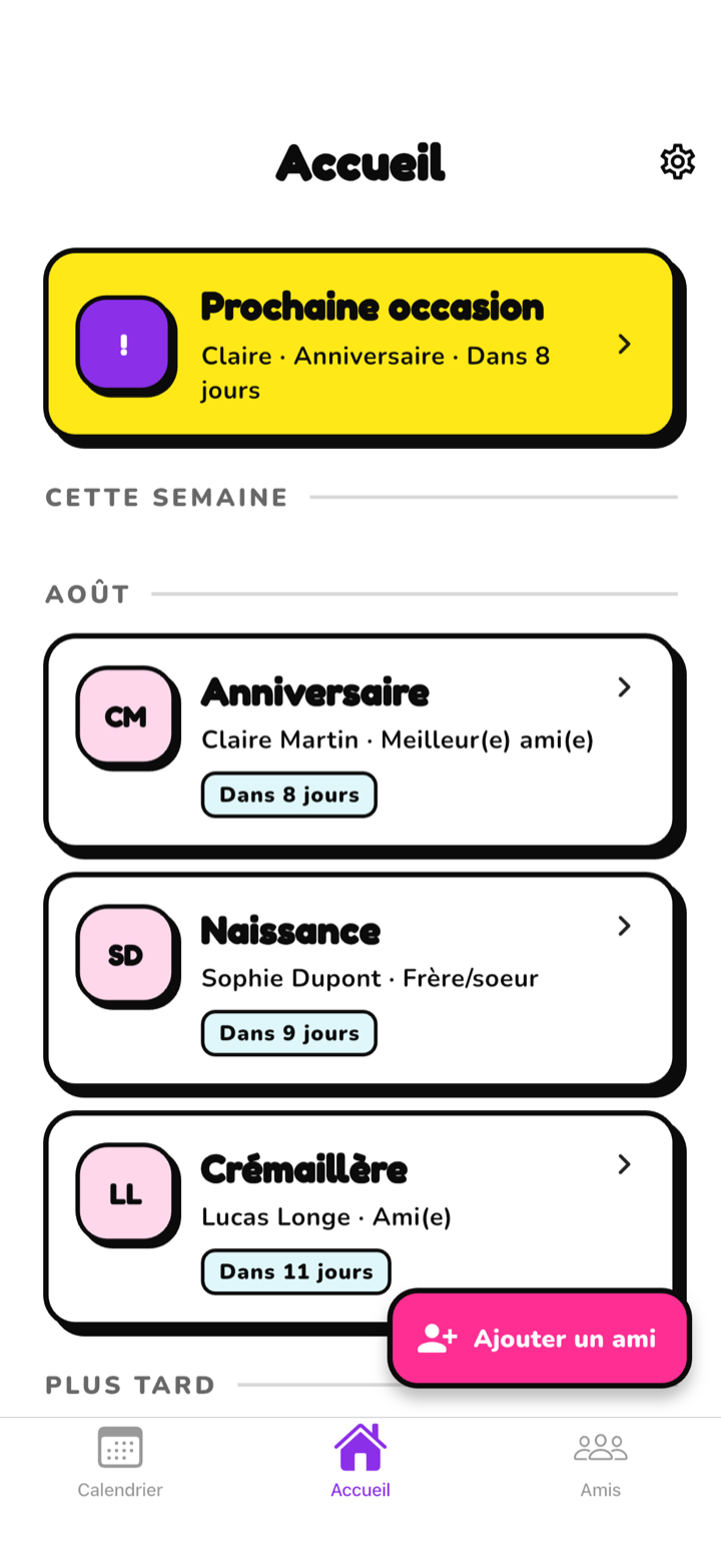 Écran d'accueil Karido avec l'anniversaire de Claire et les prochaines occasions