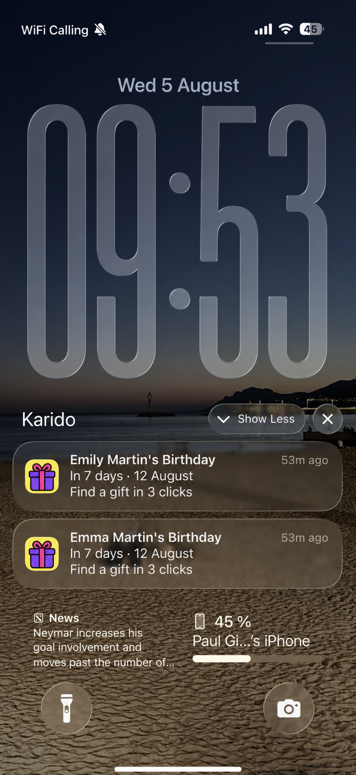 Karido lock-screen notifications reminding about Emily and Emma's birthdays