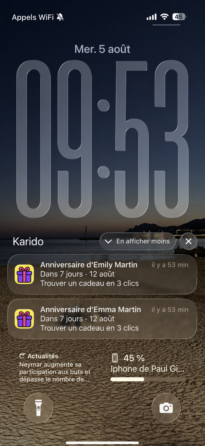 Notifications Karido sur l’écran verrouillé pour rappeler les anniversaires d’Emily et d’Emma